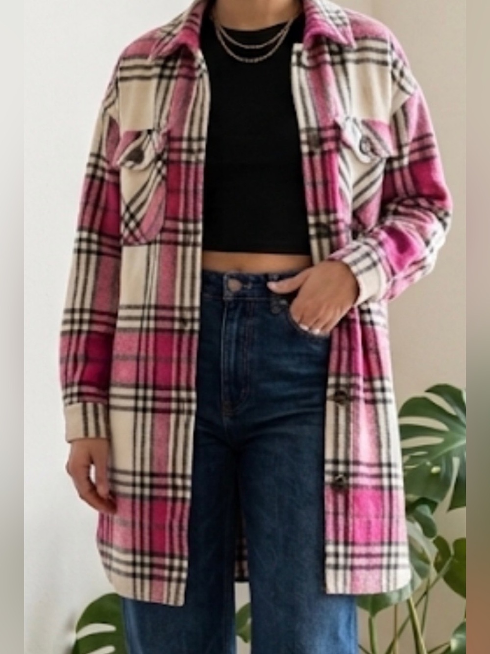 Pink Plaid Long Shacket Coat with Chest Pockets